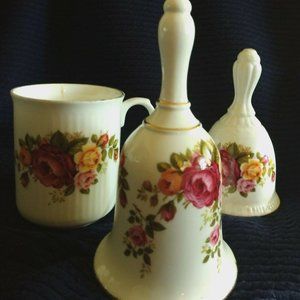 COTTAGE ROSE (2) BELLS AND WELLINGTON CUP- FINE BONE CHINA - YELLOW AND RED ROSE